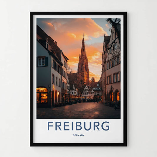 Freiburg Poster - Germany Travel Art - Cathedral Dusk Light Wall Decor