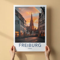 Freiburg Poster - Germany Travel Art - Cathedral Dusk Light Wall Decor