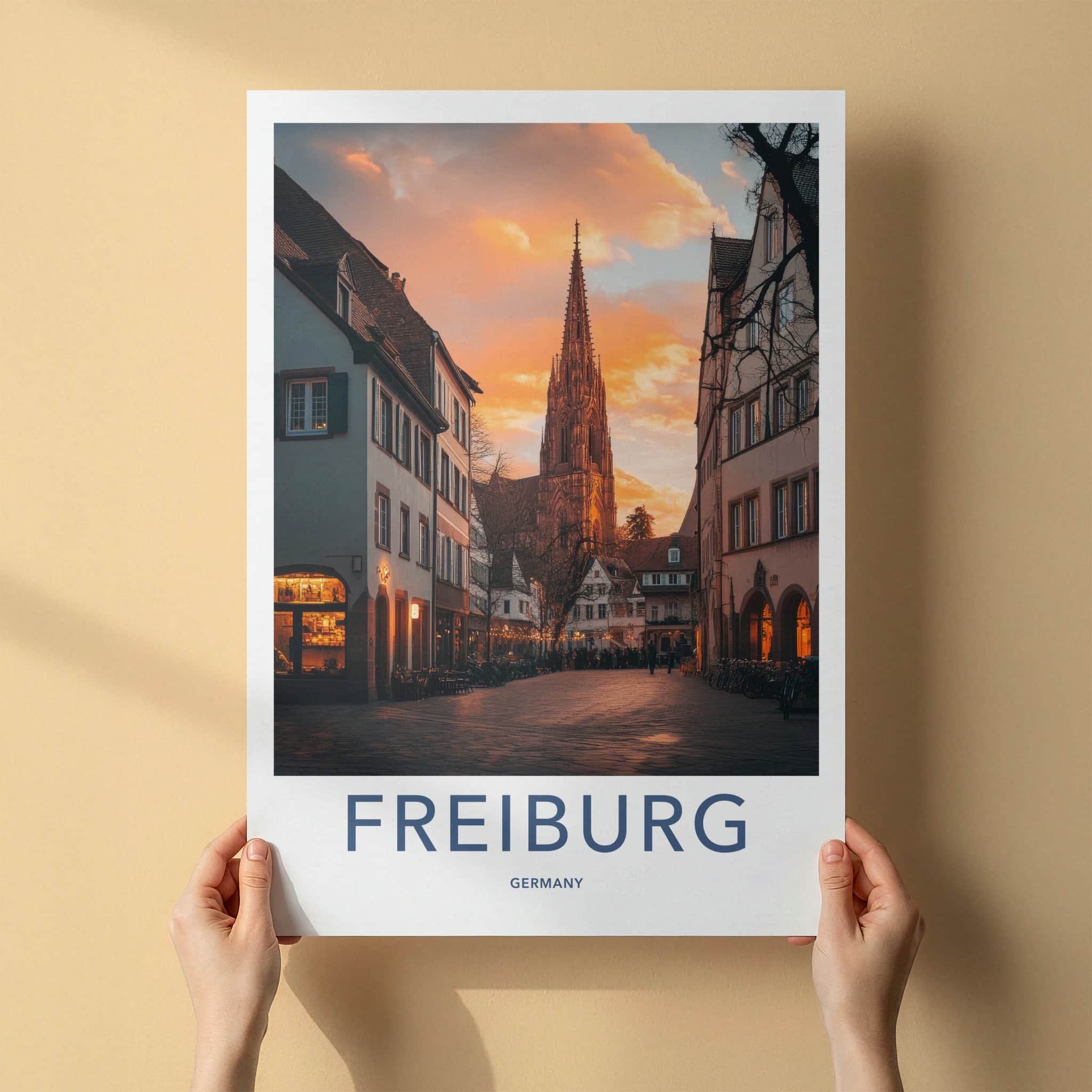 Freiburg Poster - Germany Travel Art - Cathedral Dusk Light Wall Decor
