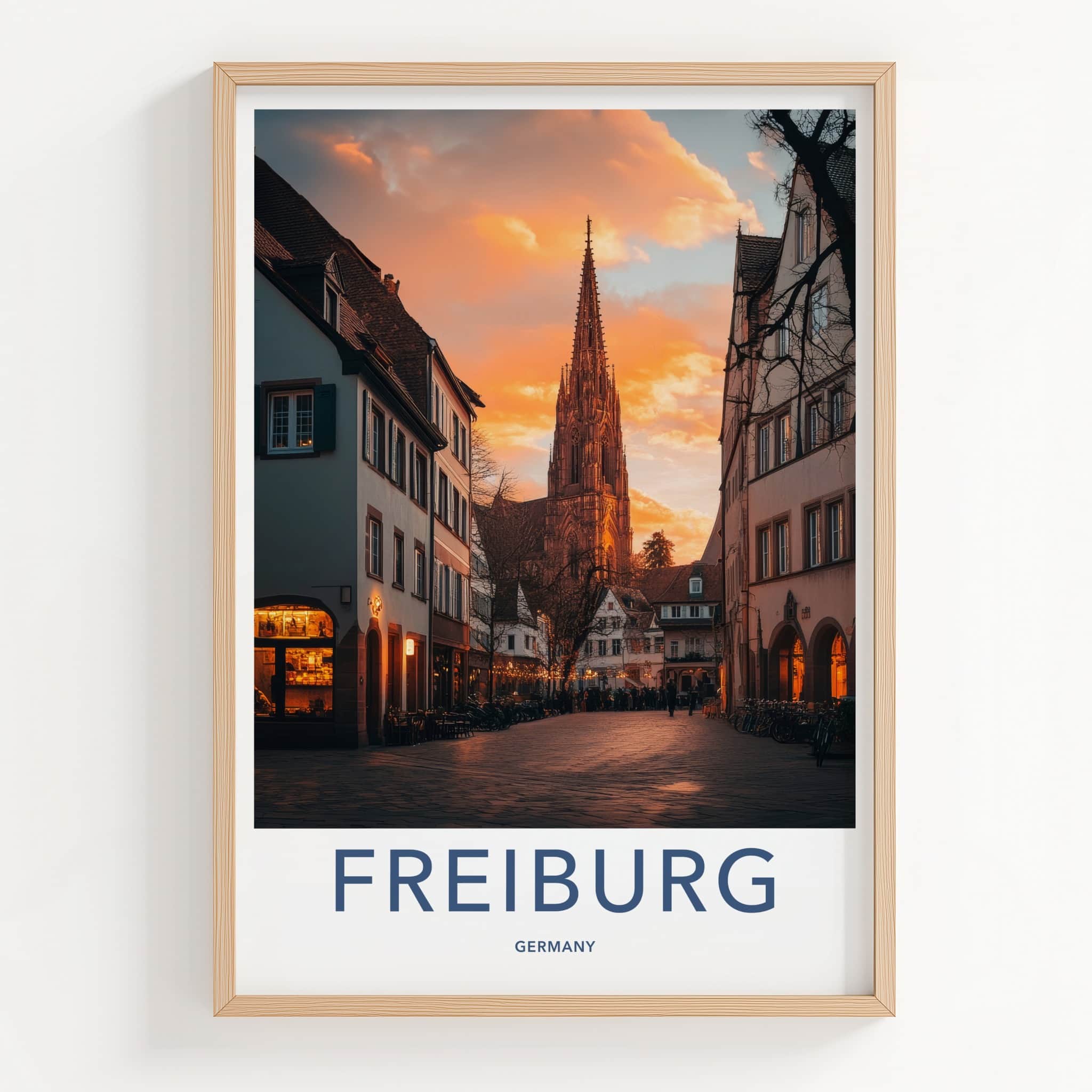Freiburg Poster - Germany Travel Art - Cathedral Dusk Light Wall Decor