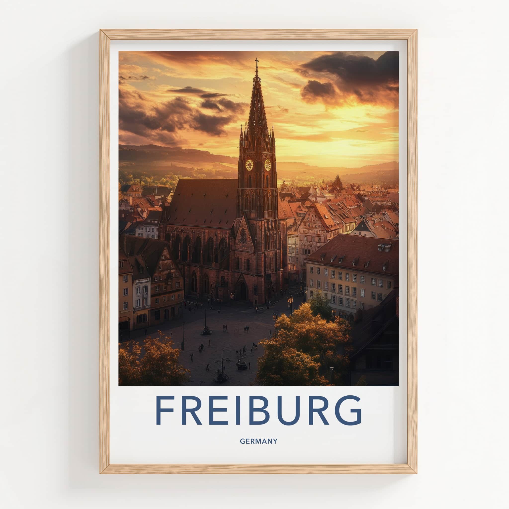 Freiburg Poster - Germany Travel Art - Spire Cityscape Glow Home Decor