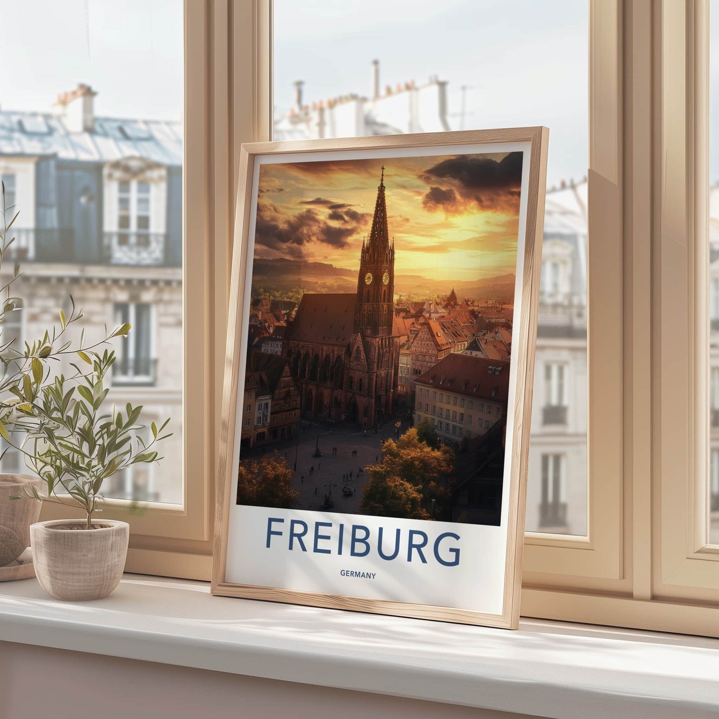 Freiburg Poster - Germany Travel Art - Spire Cityscape Glow Home Decor