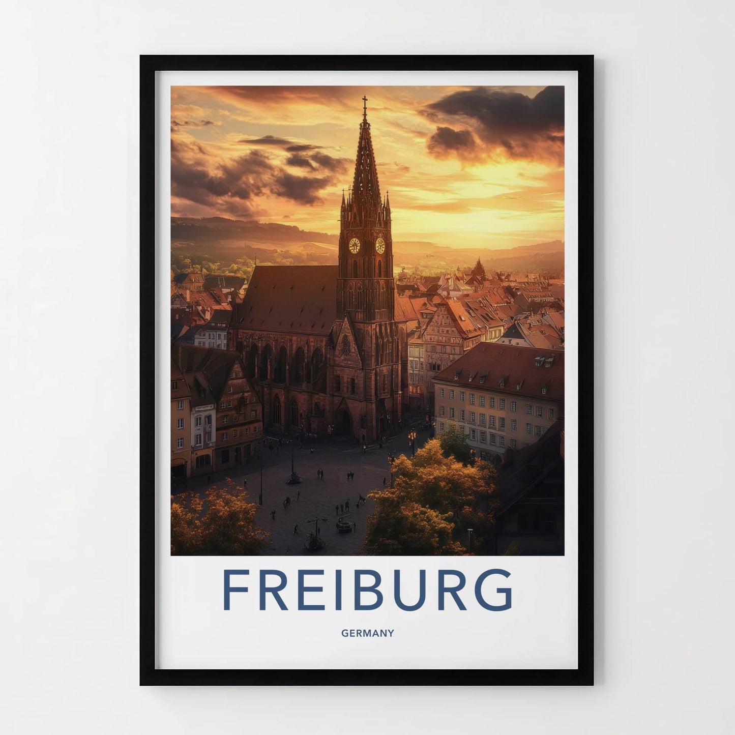 Freiburg Poster - Germany Travel Art - Spire Cityscape Glow Home Decor