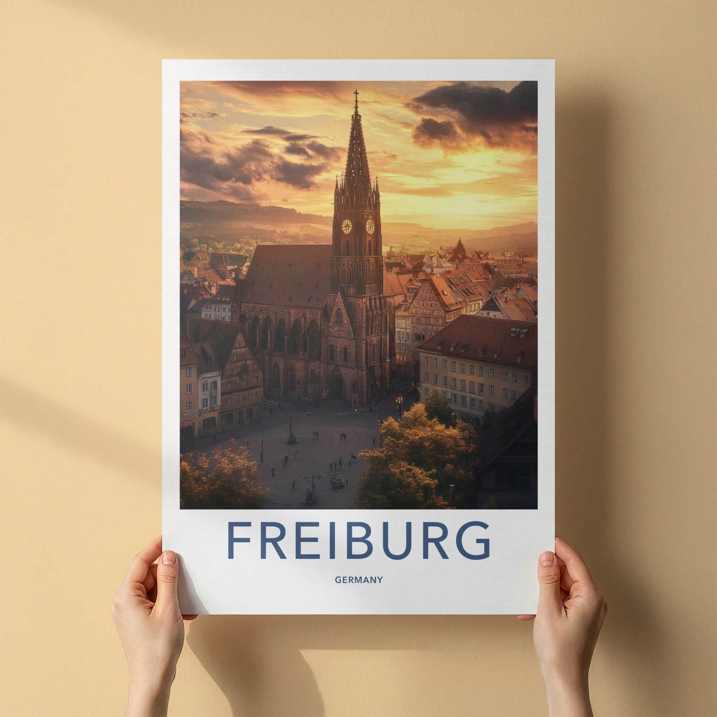 Freiburg Poster - Germany Travel Art - Spire Cityscape Glow Home Decor