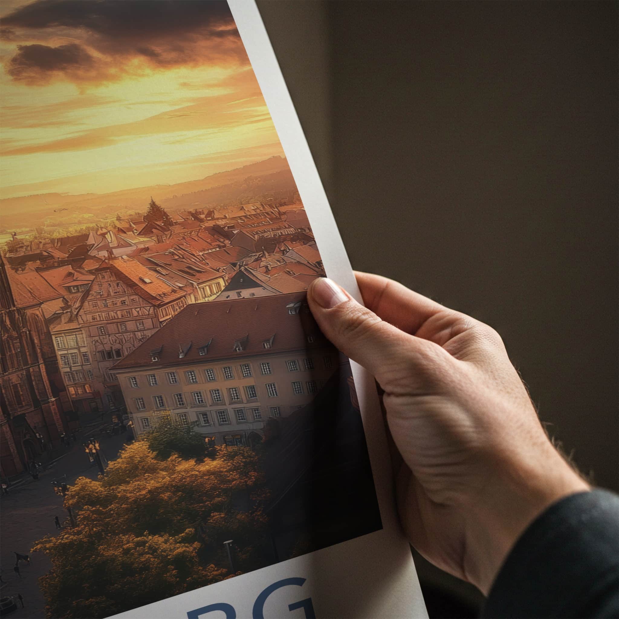 Freiburg Poster - Germany Travel Art - Spire Cityscape Glow Home Decor