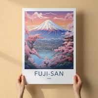 Fuji-San Poster - Japan Travel Art - Mountain Pagoda Blossoms Wall Decor