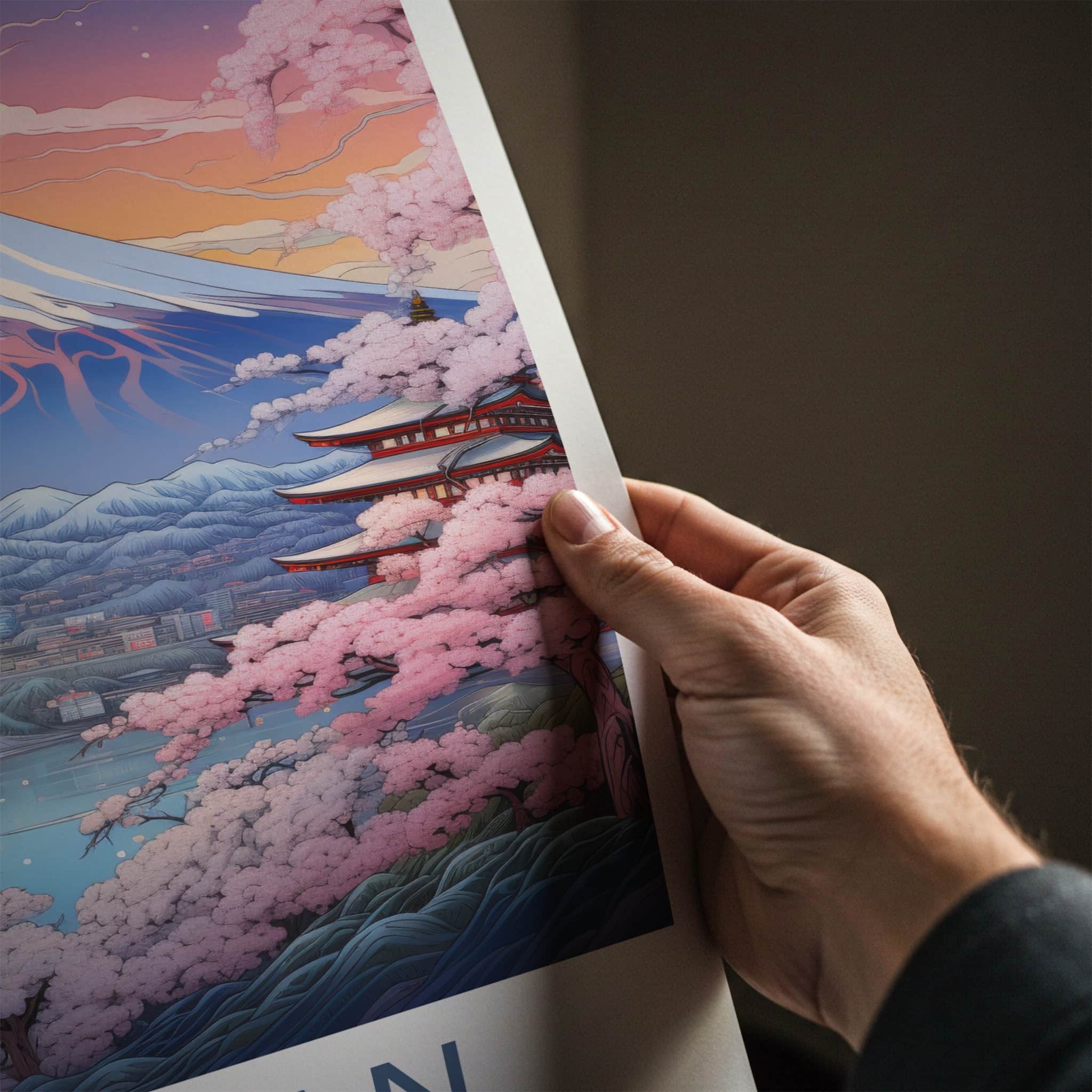 Fuji-San Poster - Japan Travel Art - Mountain Pagoda Blossoms Wall Decor