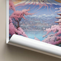 Fuji-San Poster - Japan Travel Art - Mountain Pagoda Blossoms Wall Decor