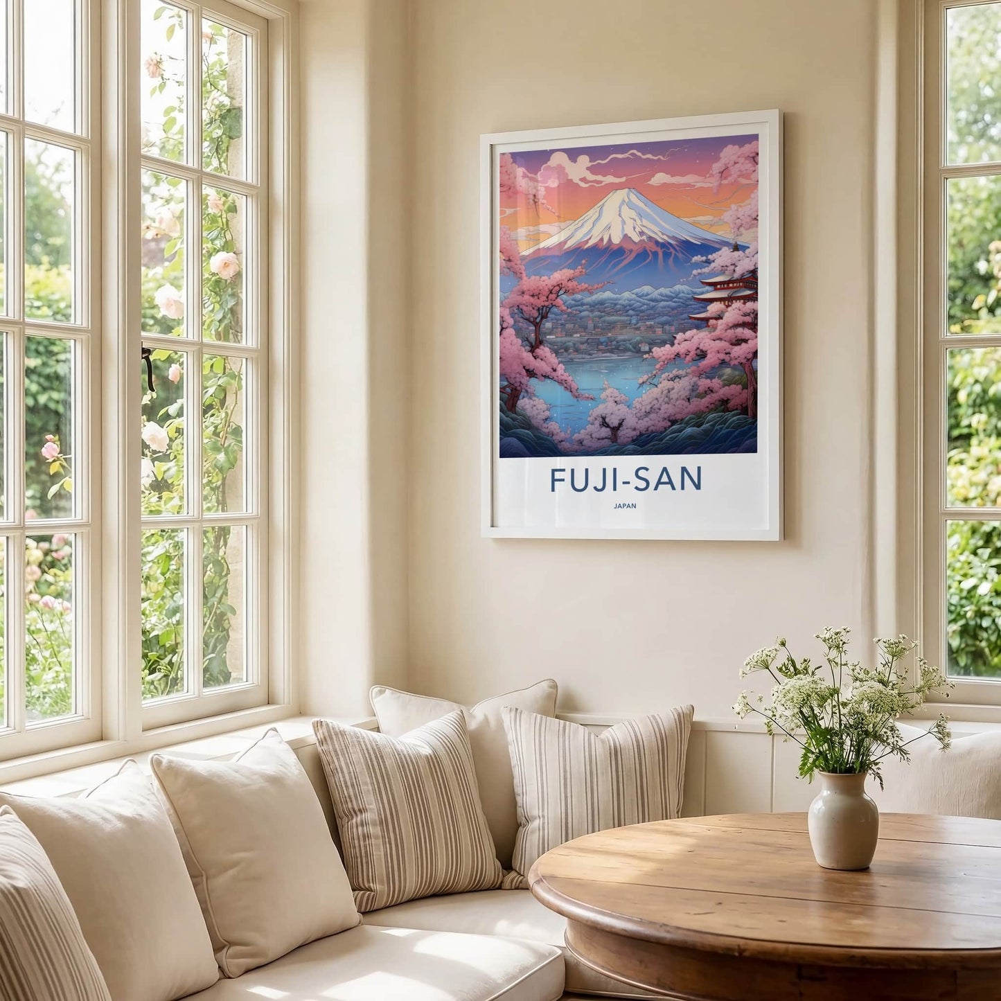 Fuji-San Poster - Japan Travel Art - Mountain Pagoda Blossoms Wall Decor