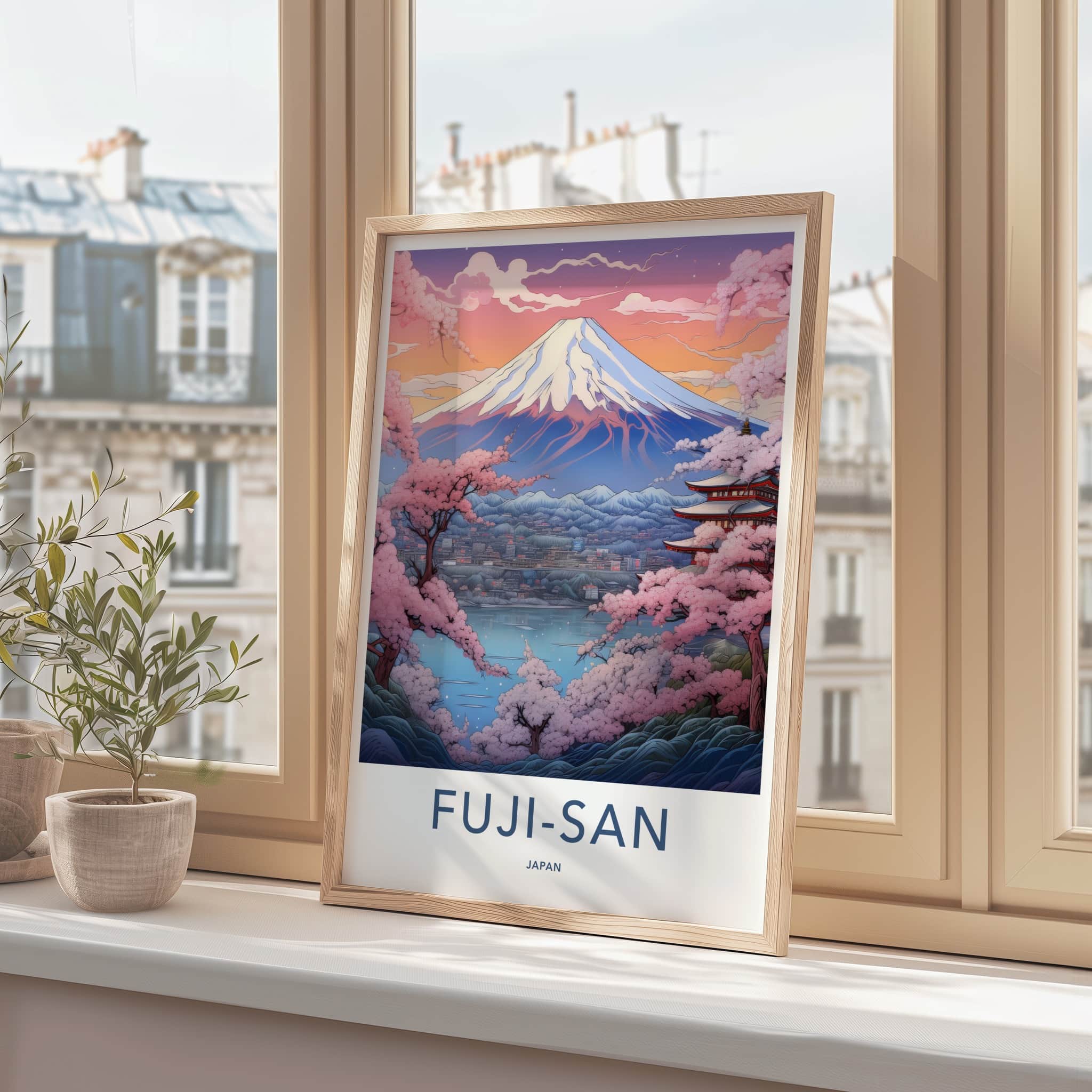 Fuji-San Poster - Japan Travel Art - Mountain Pagoda Blossoms Wall Decor
