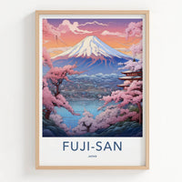 Fuji-San Poster - Japan Travel Art - Mountain Pagoda Blossoms Wall Decor