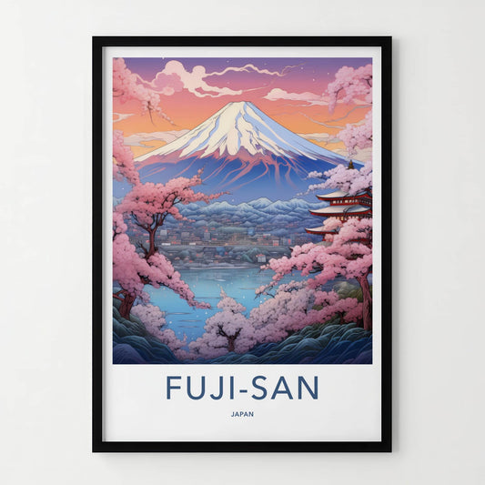 Fuji-San Poster - Japan Travel Art - Mountain Pagoda Blossoms Wall Decor