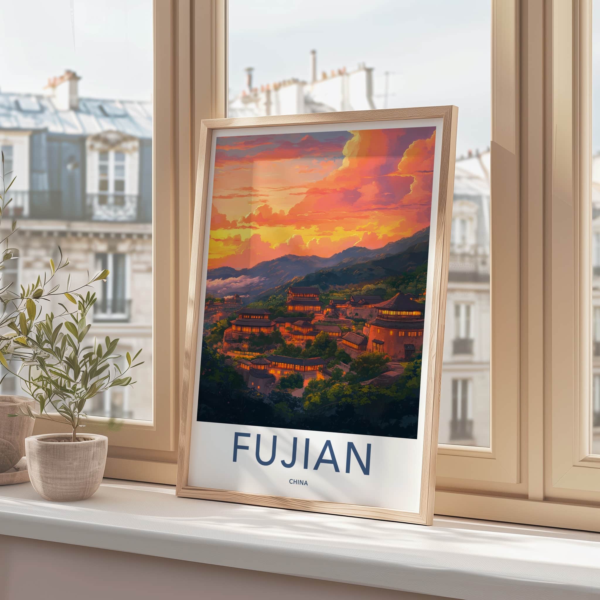 Fujian Poster - China Travel Art - Illuminated Village Sunset Home Decor