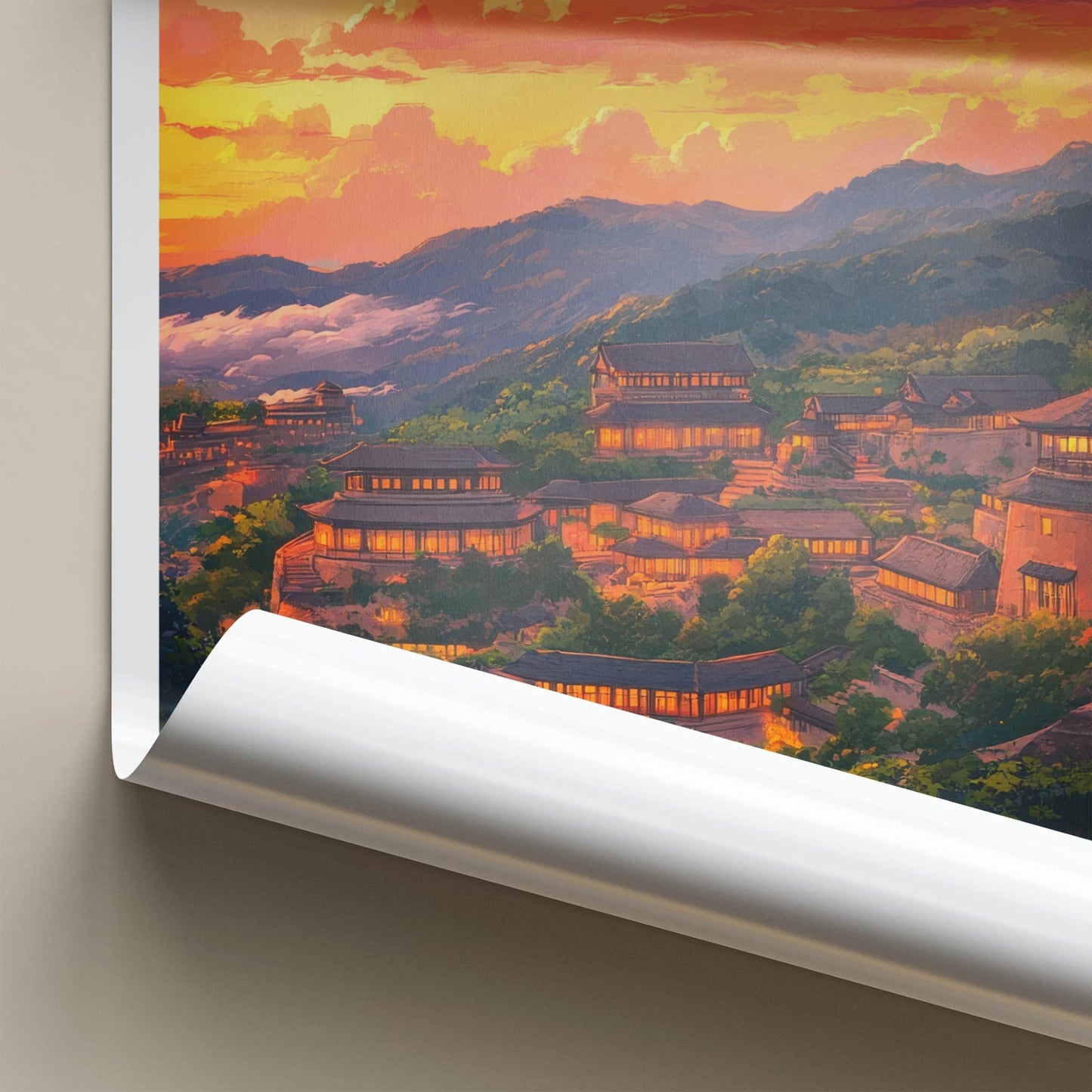 Fujian Poster - China Travel Art - Illuminated Village Sunset Home Decor