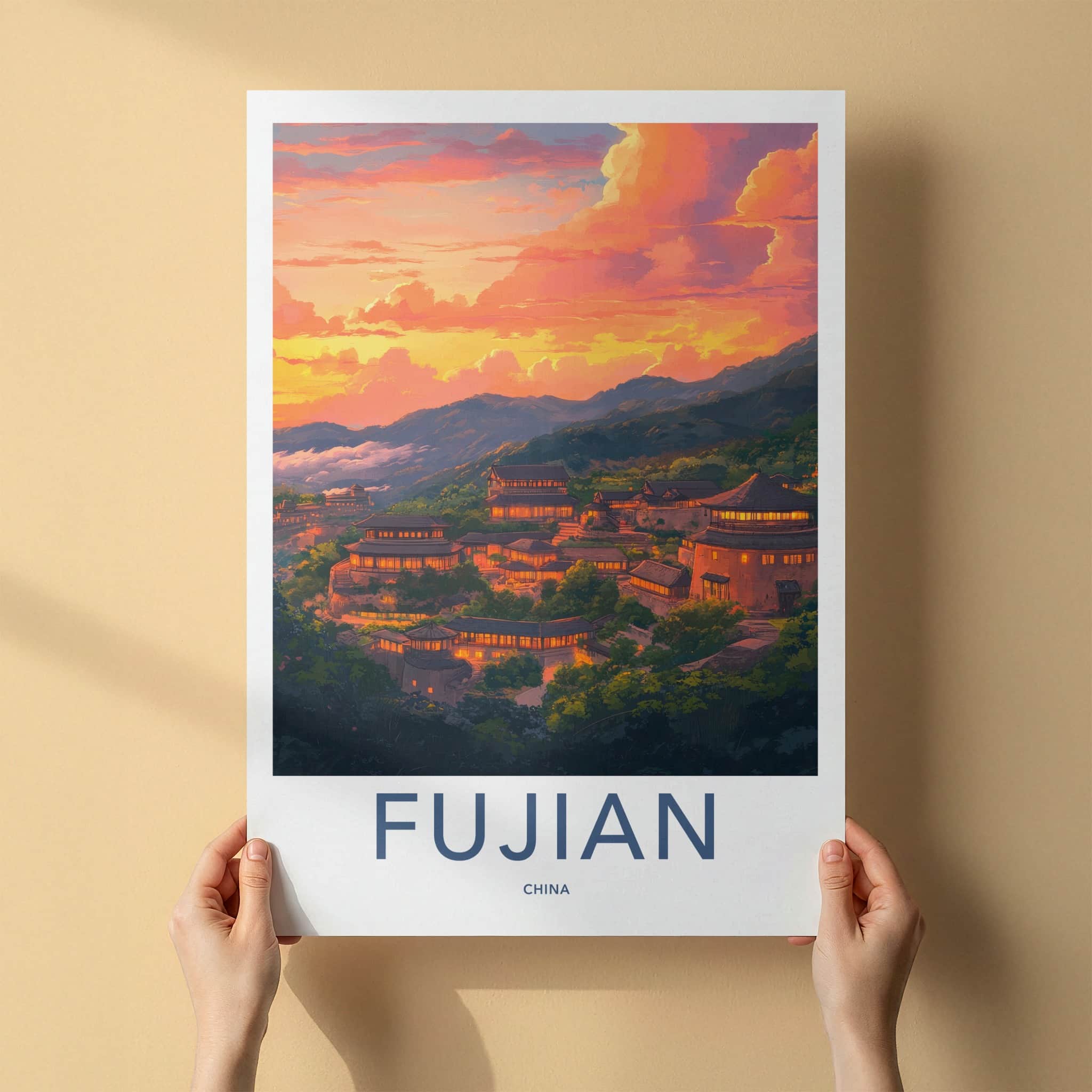 Fujian Poster - China Travel Art - Illuminated Village Sunset Home Decor