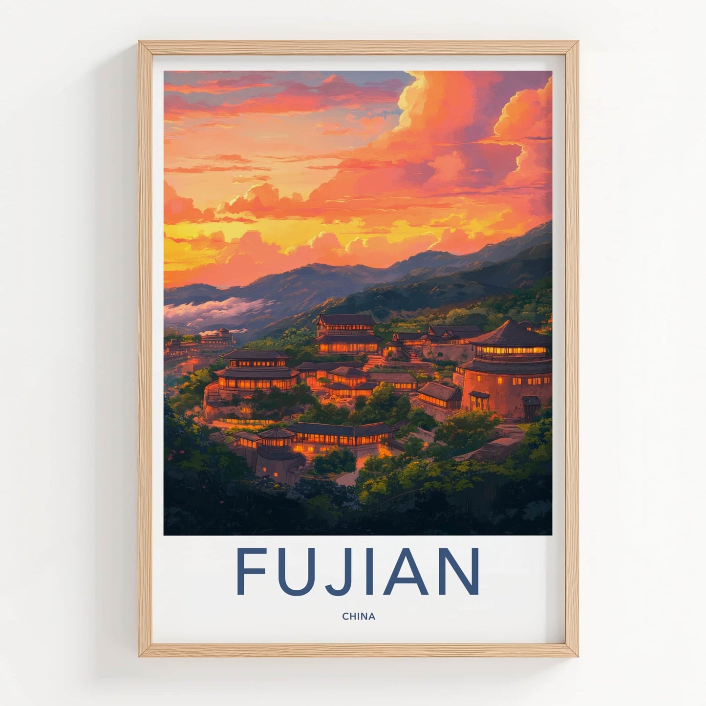 Fujian Poster - China Travel Art - Illuminated Village Sunset Home Decor