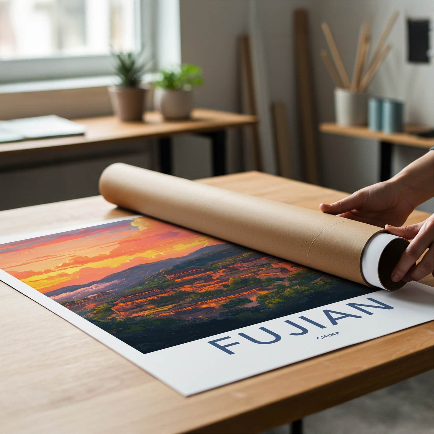 Fujian Poster - China Travel Art - Illuminated Village Sunset Home Decor