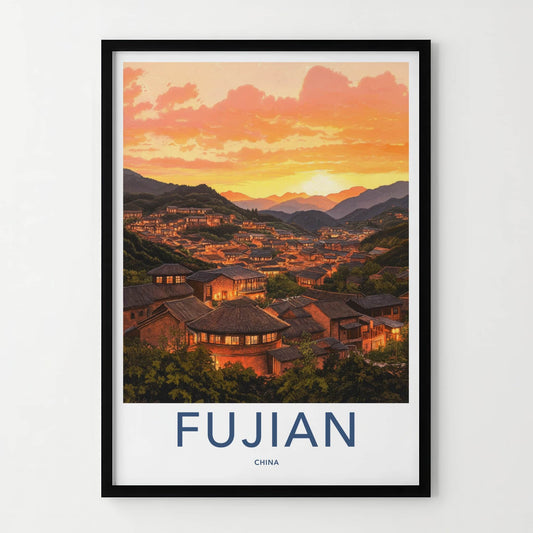 Fujian Poster - China Wall Art - Mountain Village Sunset Home Decor
