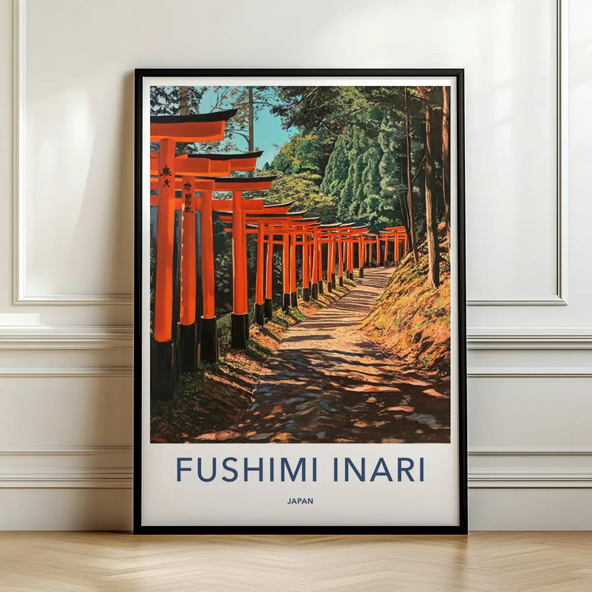 Framed vintage travel poster of the red torii gates at Fushimi Inari in Kyoto Japan.