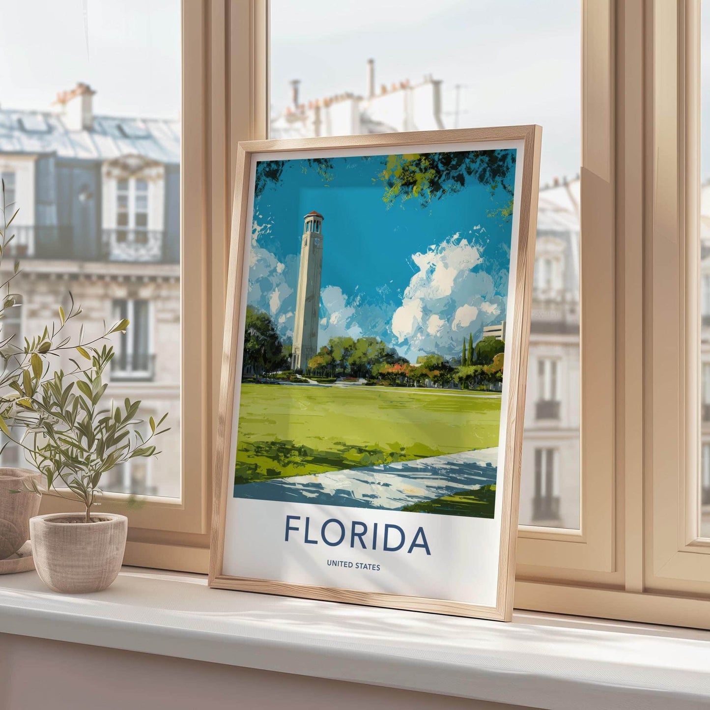 Gainesville Poster - Florida Travel Art - Historic campus tower Wall Decor