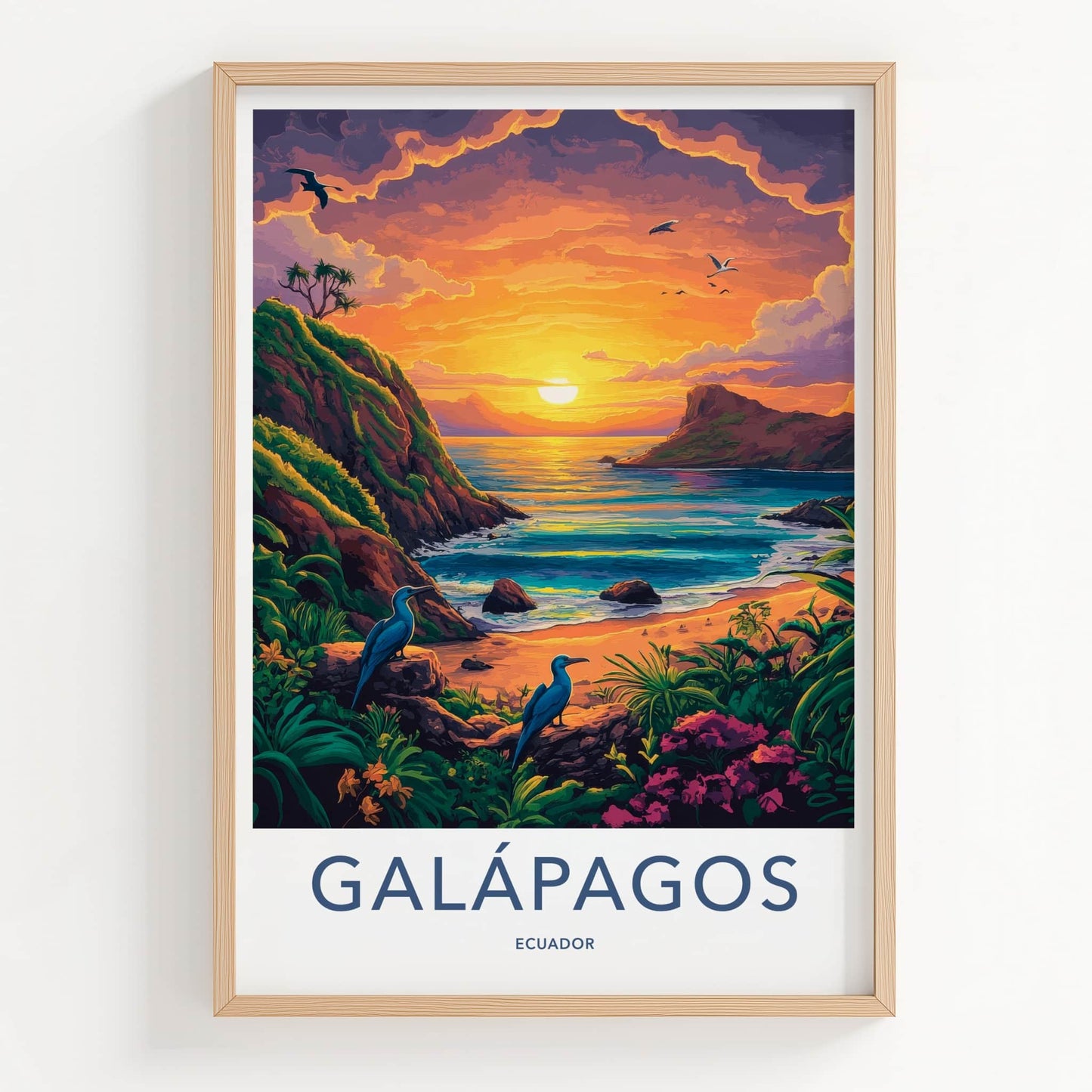 Galapagos Poster - Ecuador Travel Art - Coastal Sunset Birds Home Decor