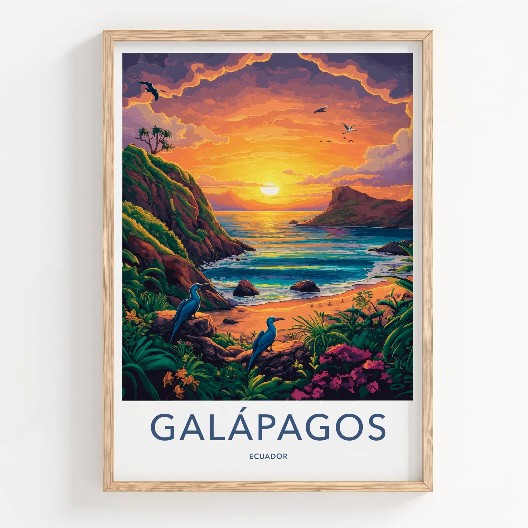 Galapagos Poster - Ecuador Travel Art - Coastal Sunset Birds Home Decor