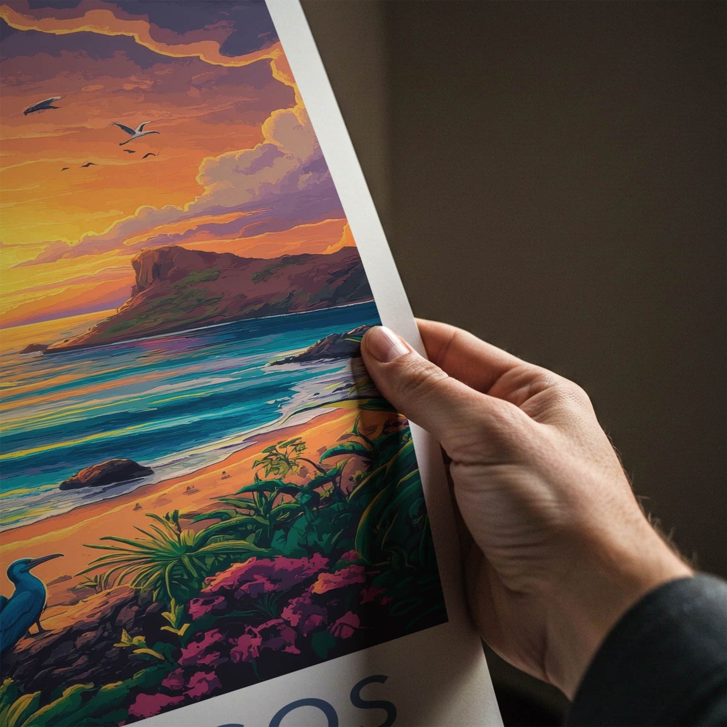 Galapagos Poster - Ecuador Travel Art - Coastal Sunset Birds Home Decor