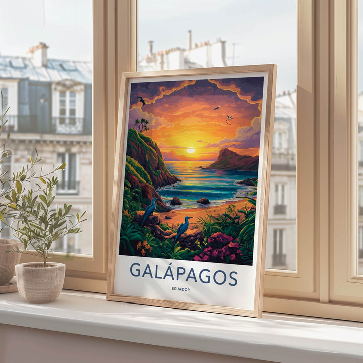 Galapagos Poster - Ecuador Travel Art - Coastal Sunset Birds Home Decor