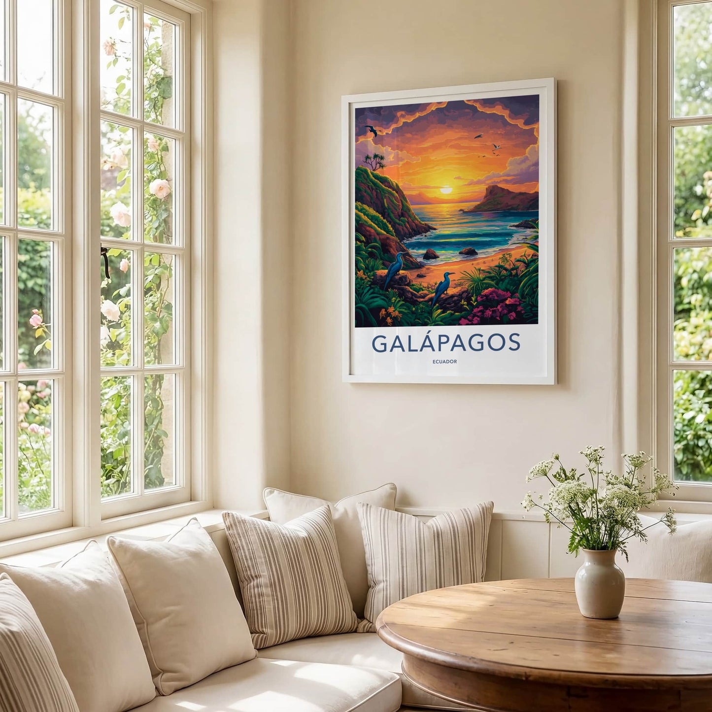 Galapagos Poster - Ecuador Travel Art - Coastal Sunset Birds Home Decor