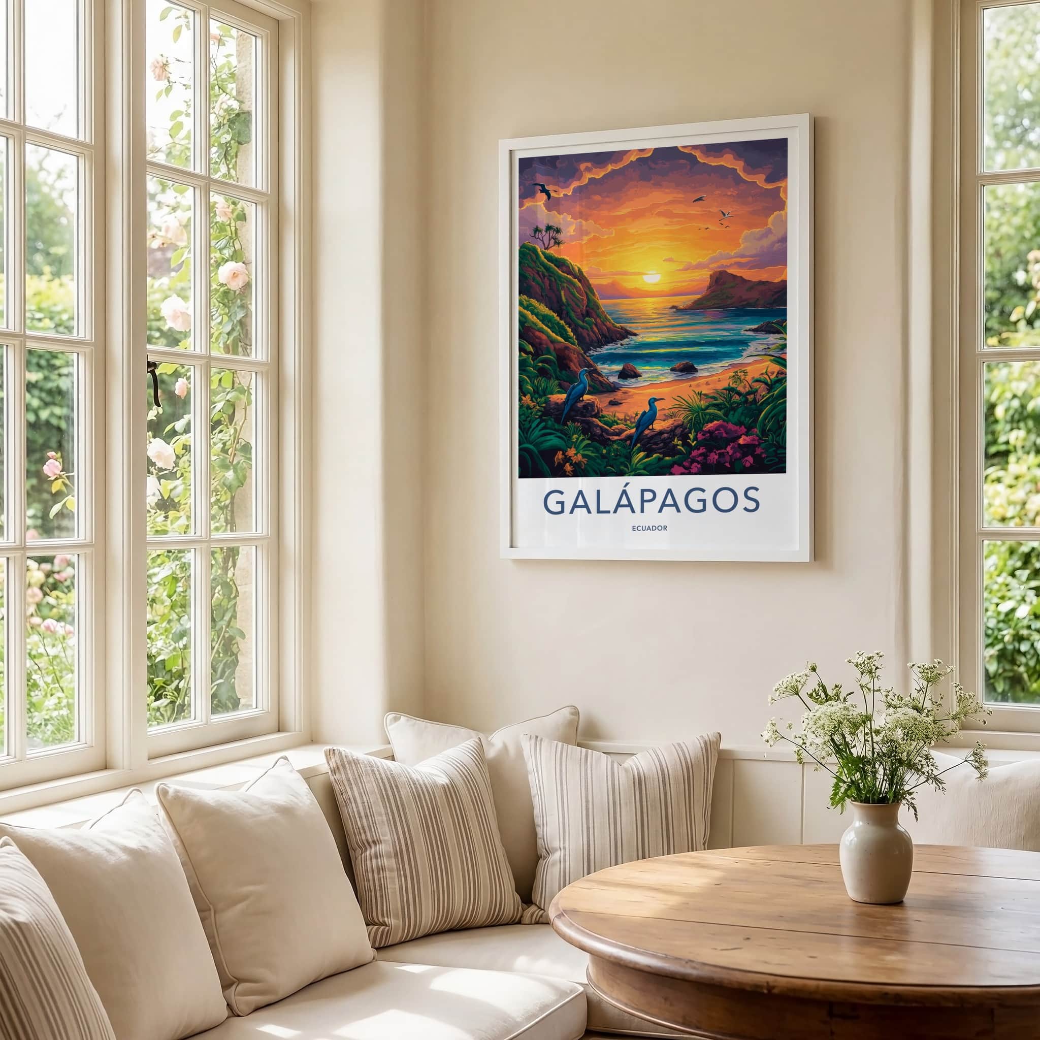 Galapagos Poster - Ecuador Travel Art - Coastal Sunset Birds Home Decor