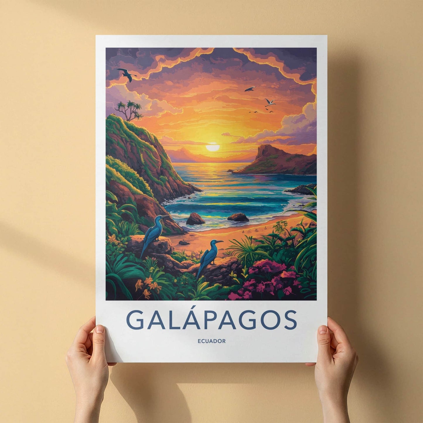 Galapagos Poster - Ecuador Travel Art - Coastal Sunset Birds Home Decor