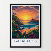 Galapagos Poster - Ecuador Travel Art - Coastal Sunset Birds Home Decor