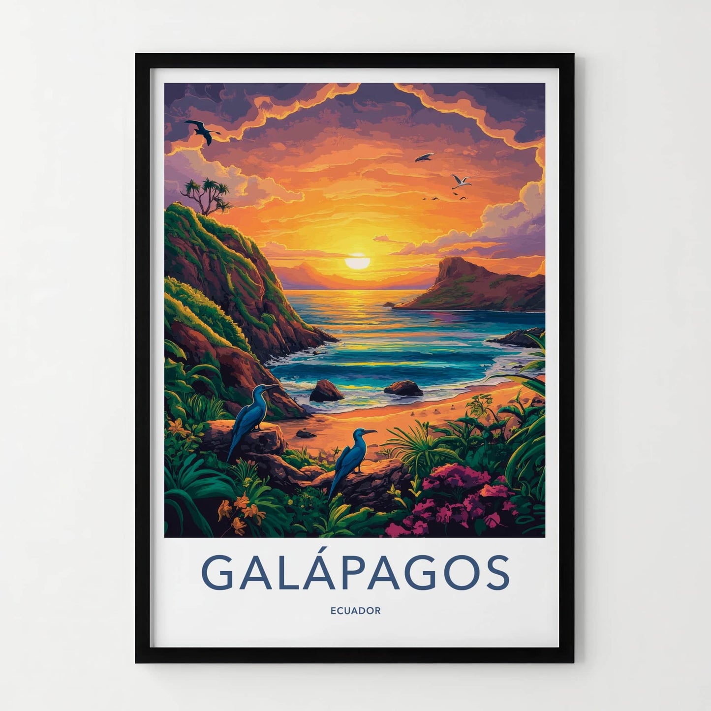 Galapagos Poster - Ecuador Travel Art - Coastal Sunset Birds Home Decor