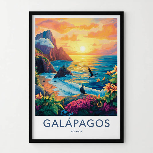Galapagos Poster - Ecuador Travel Art - Tropical Coast Sunset Home Decor