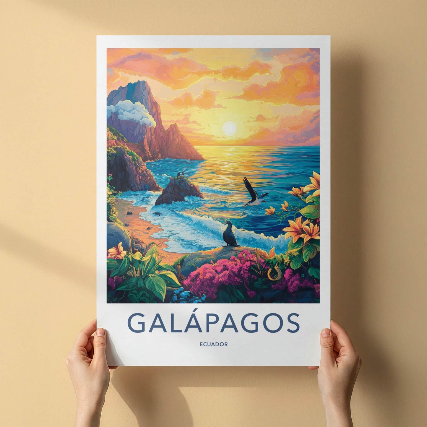 Galapagos Poster - Ecuador Travel Art - Tropical Coast Sunset Home Decor