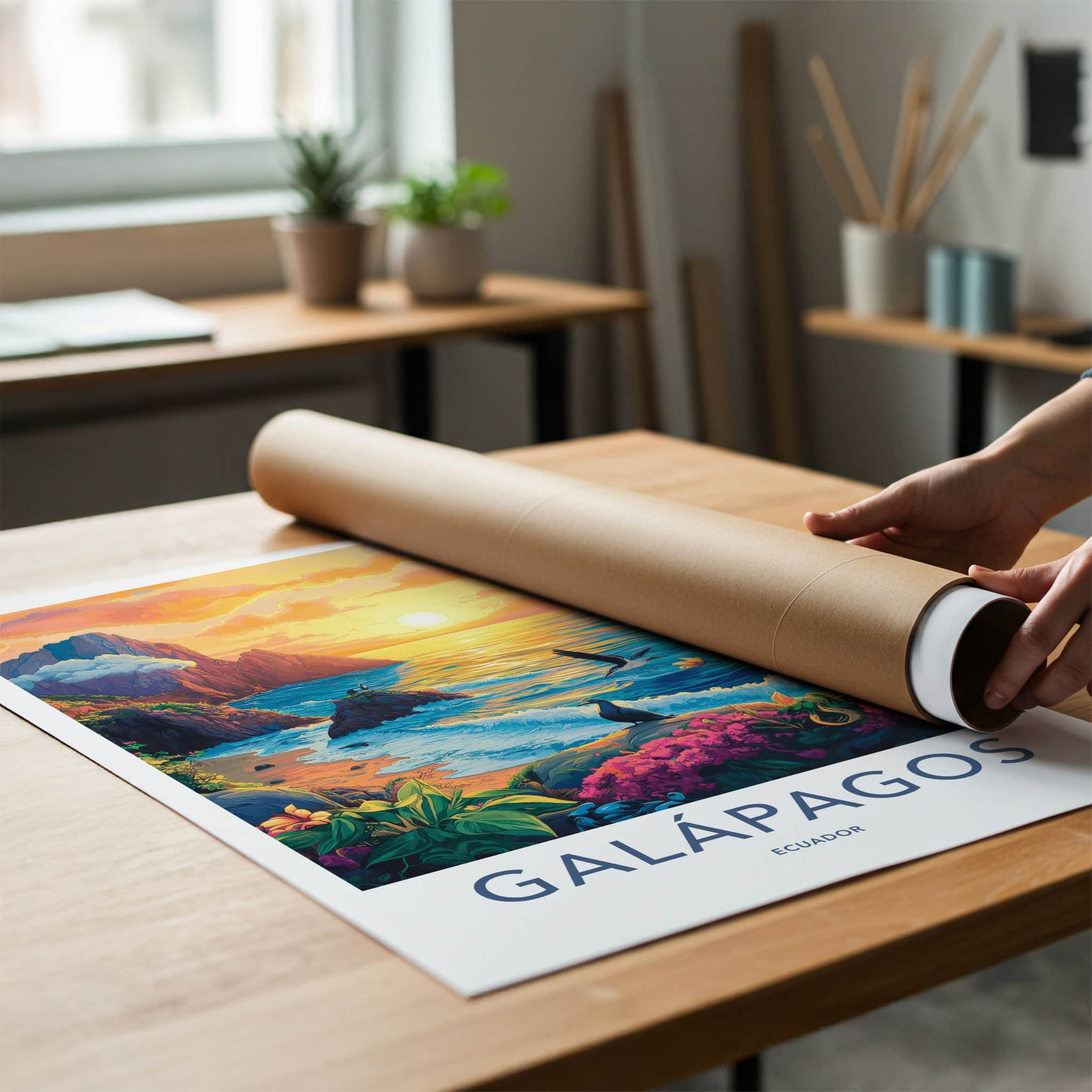 Galapagos Poster - Ecuador Travel Art - Tropical Coast Sunset Home Decor