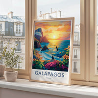 Galapagos Poster - Ecuador Travel Art - Tropical Coast Sunset Home Decor