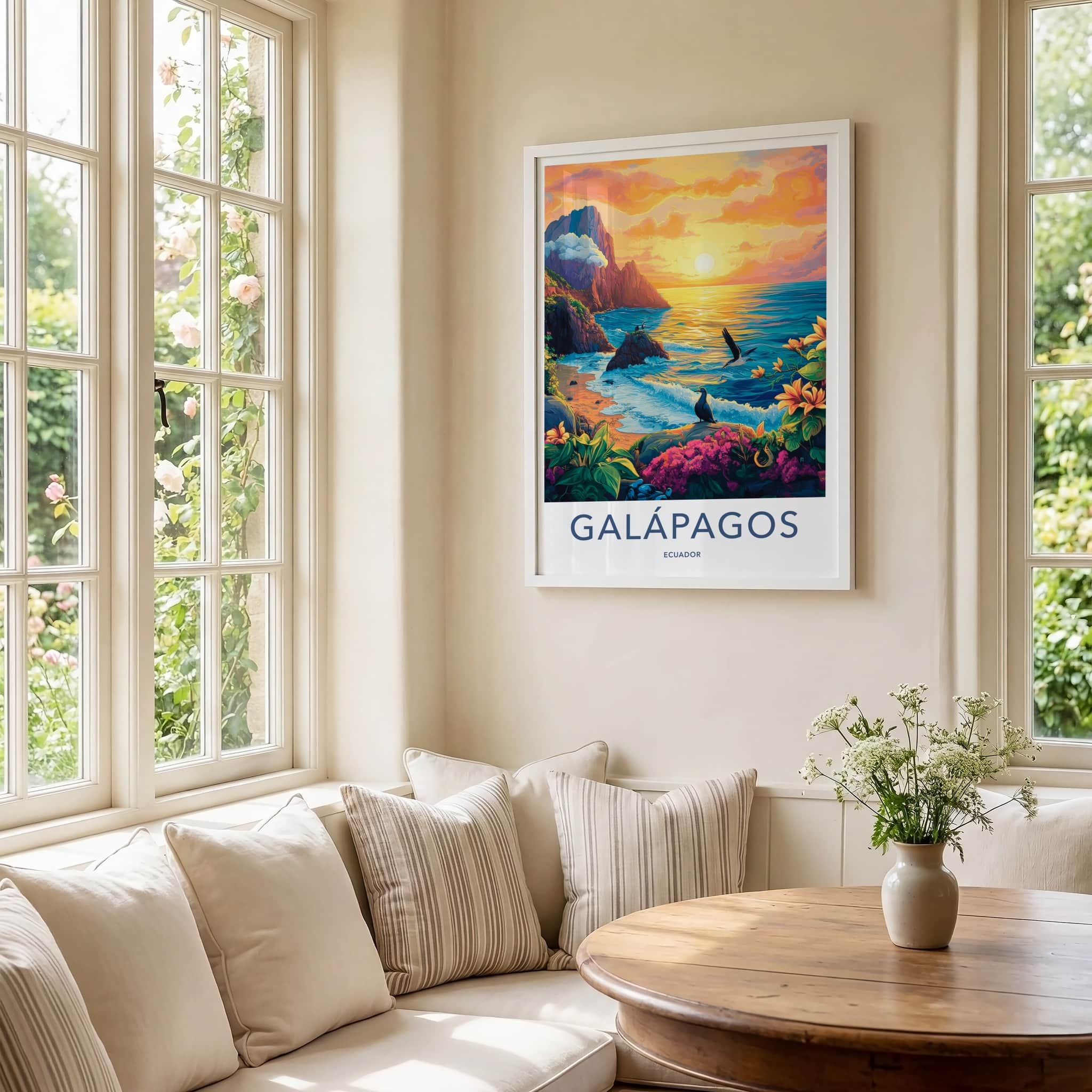 Galapagos Poster - Ecuador Travel Art - Tropical Coast Sunset Home Decor