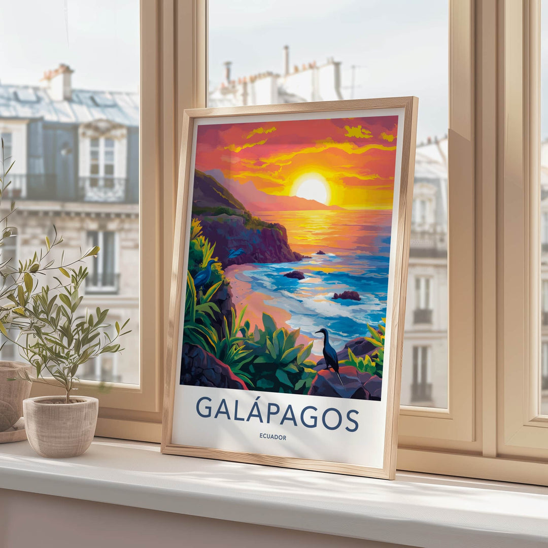 Galapagos Poster - Ecuador Travel Art - Vibrant Ocean Sunset Home Decor