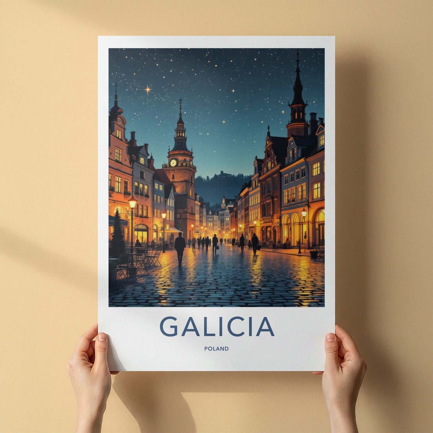 Galicia Poster - Poland Travel Art - Starry Cobblestone Street Wall Decor