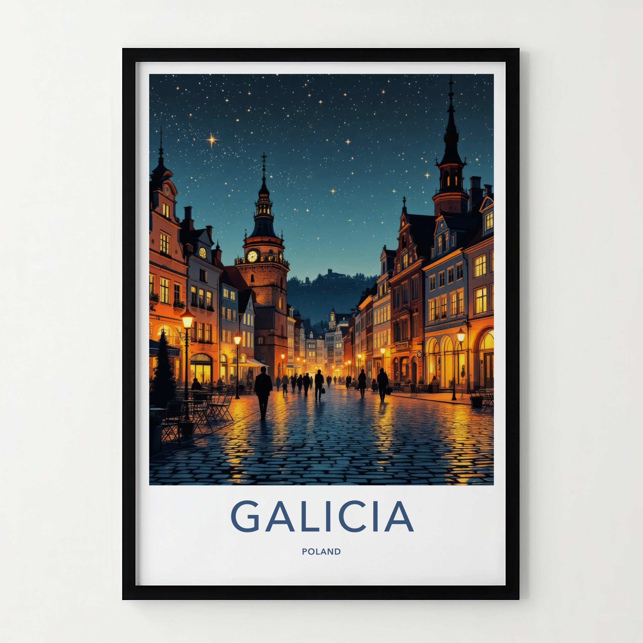Galicia Poster - Poland Travel Art - Starry Cobblestone Street Wall Decor