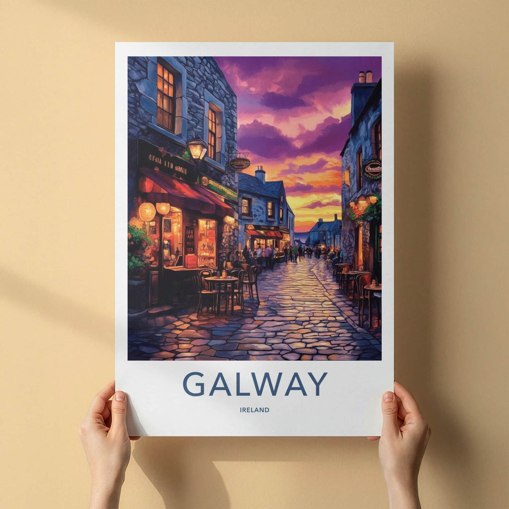 Galway Poster - Ireland Travel Art - Cobblestone Street Sunset Home Decor