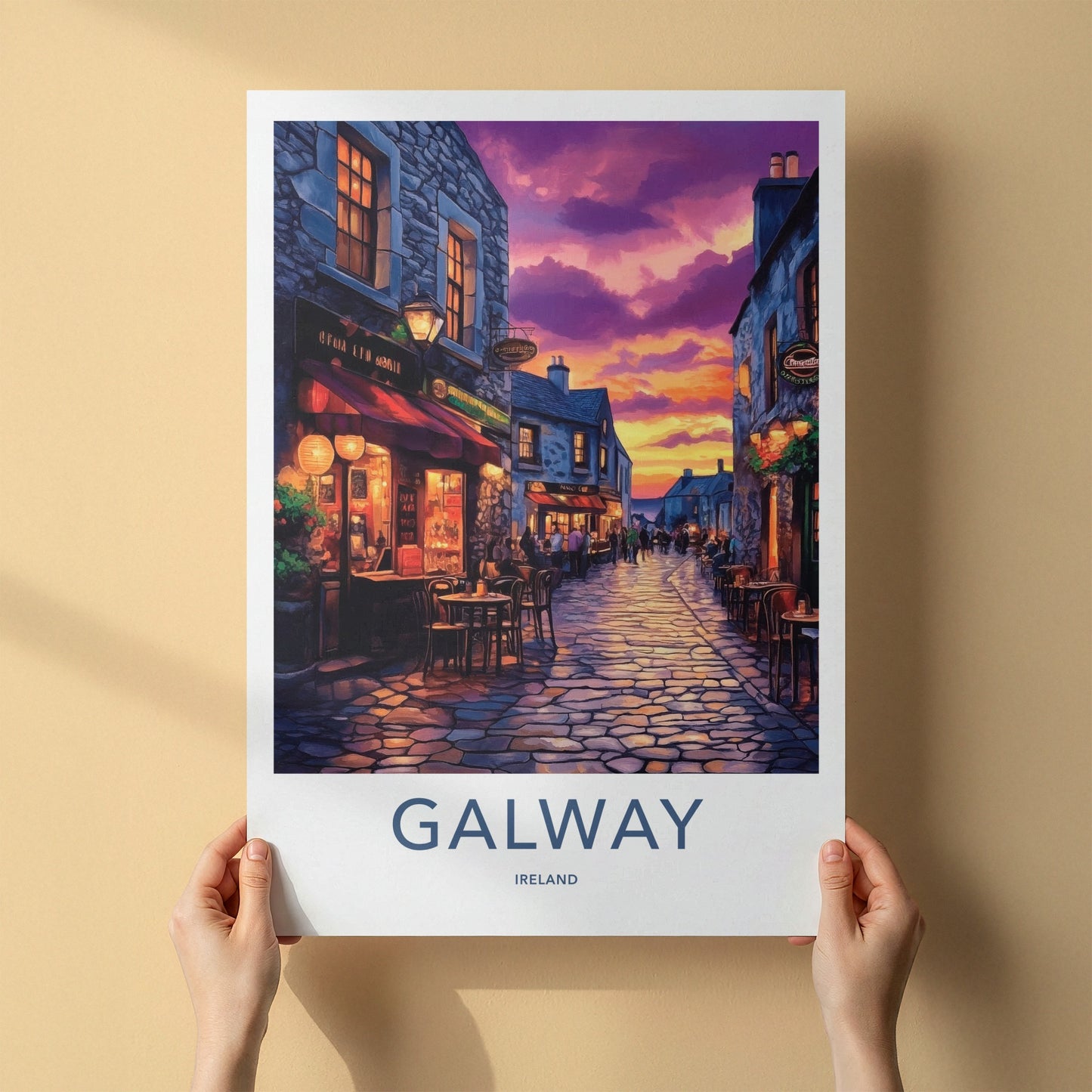Galway Poster - Ireland Travel Art - Cobblestone Street Sunset Home Decor