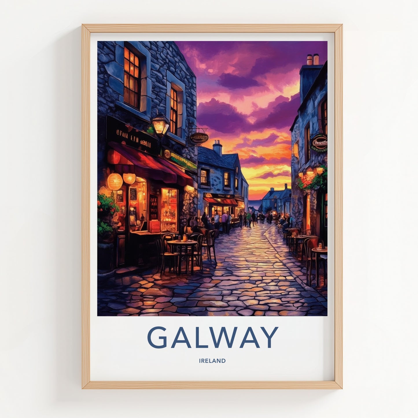 Galway Poster - Ireland Travel Art - Cobblestone Street Sunset Home Decor
