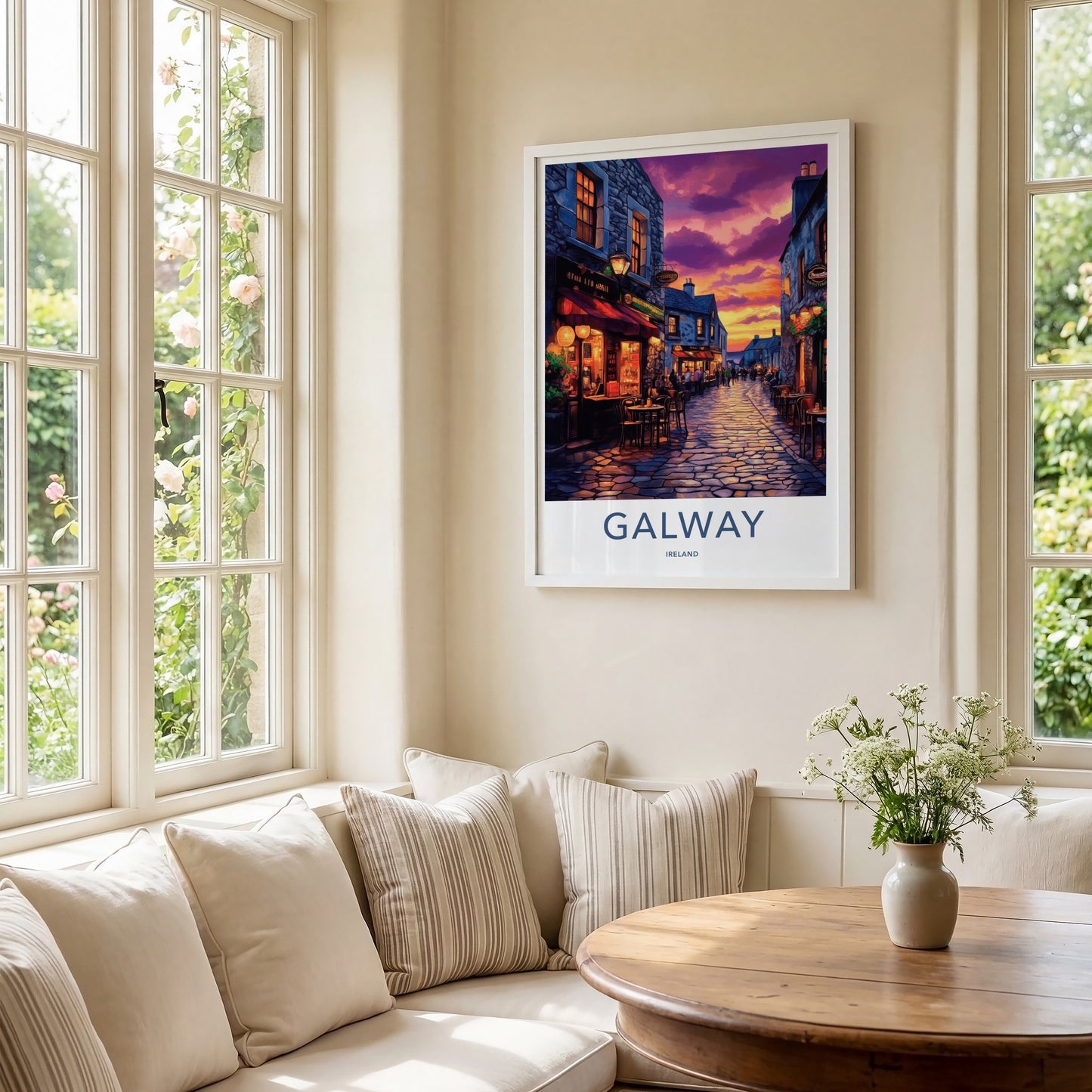 Galway Poster - Ireland Travel Art - Cobblestone Street Sunset Home Decor