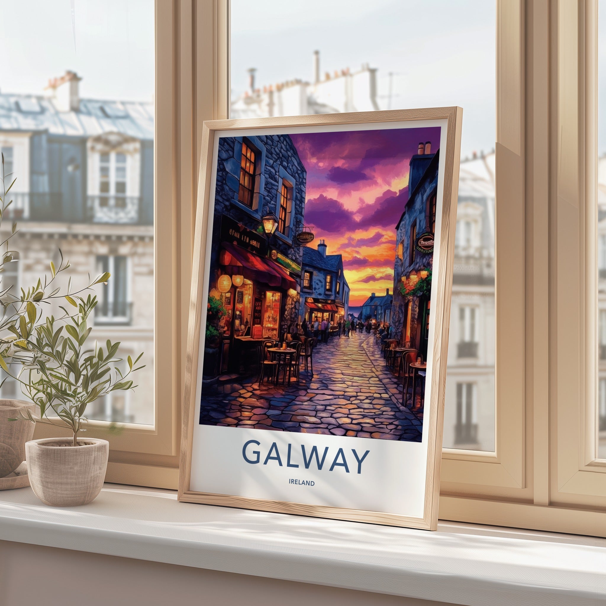 Galway Poster - Ireland Travel Art - Cobblestone Street Sunset Home Decor