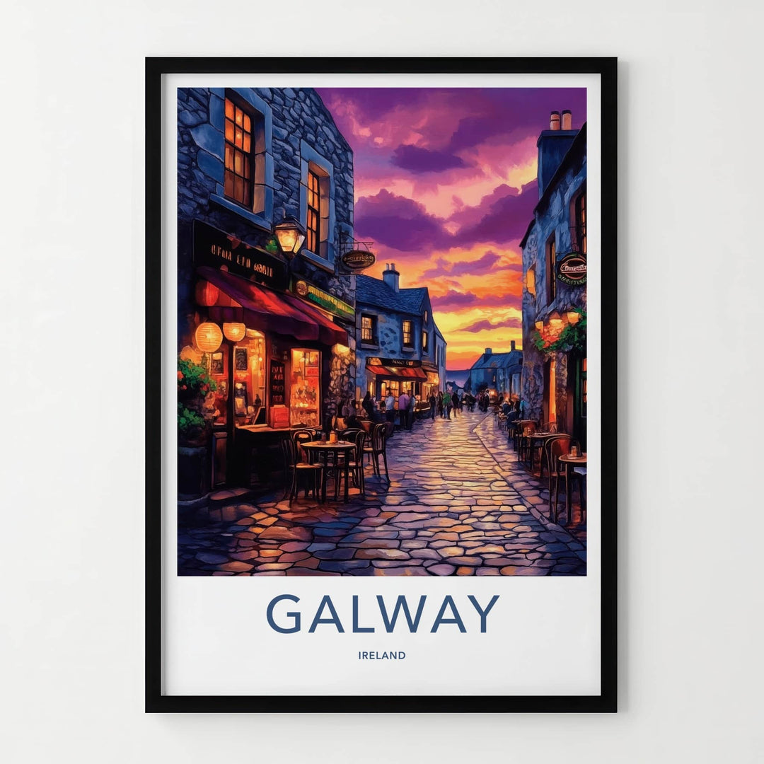Galway Poster - Ireland Travel Art - Cobblestone Street Sunset Home Decor