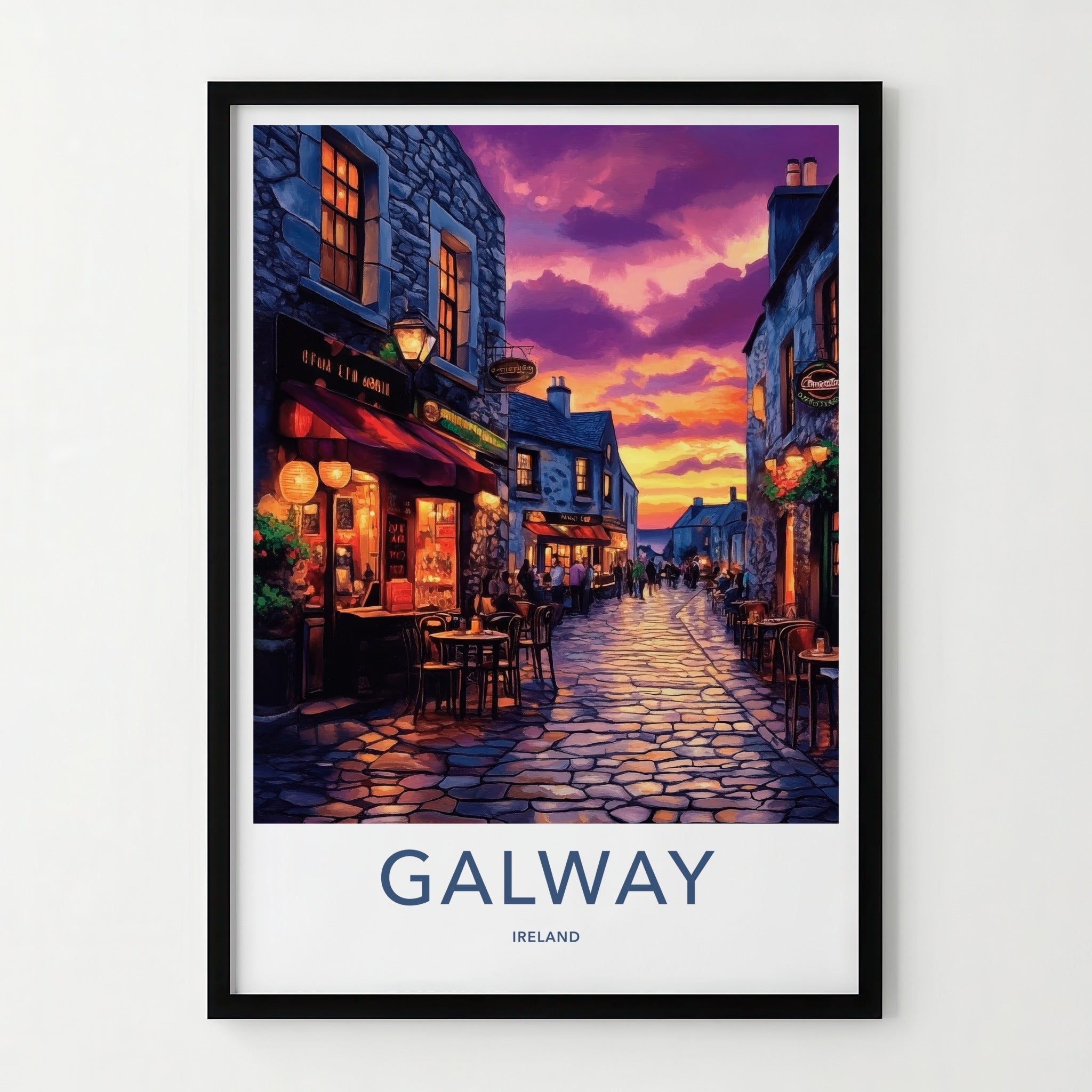 Galway Poster - Ireland Travel Art - Cobblestone Street Sunset Home Decor