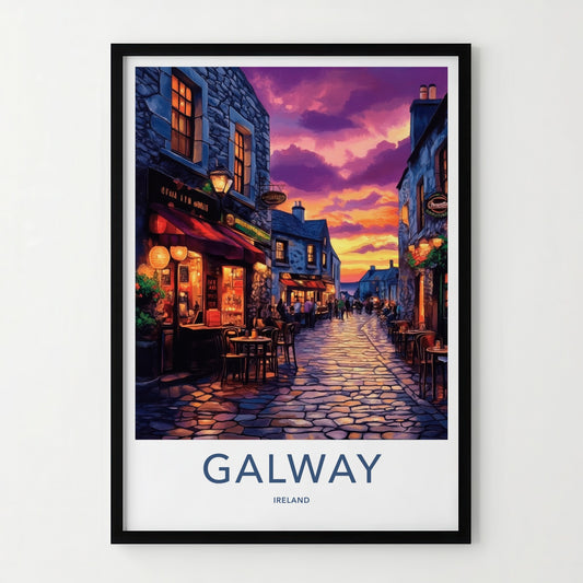 Galway Poster - Ireland Travel Art - Cobblestone Street Sunset Home Decor