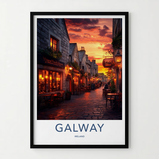 Galway Poster - Ireland Travel Art - Glowing Pub Street Wall Decor